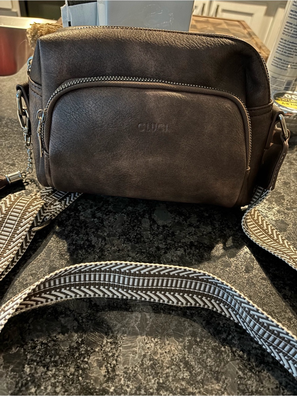 Dark Brown crossbody  Bag with Patterned Strap